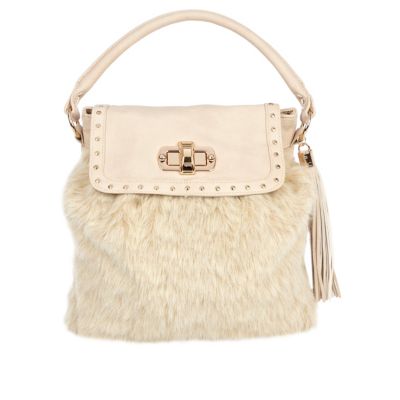 Cream faux fur panel bag 