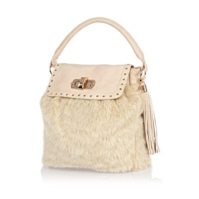 Cream faux fur panel bag 