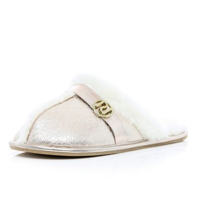 Silver metallic fluffy lined mule slippers
