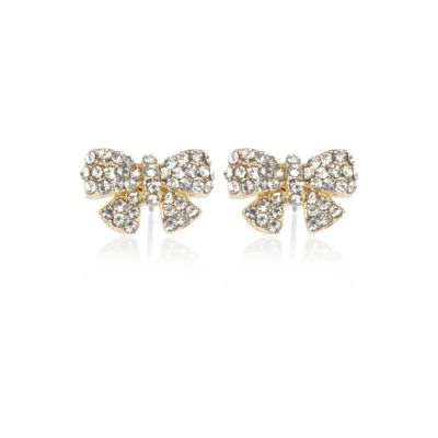 Gold tone diamante bow stud earrings