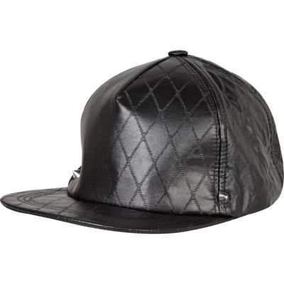 Black leather look quilted cap