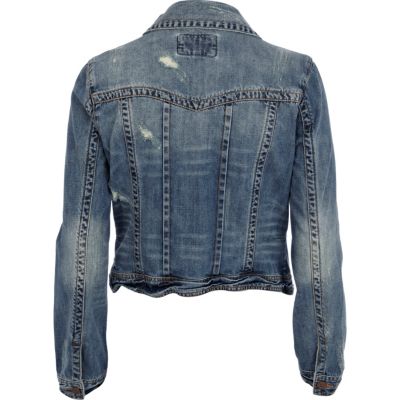 Blue half embellished stud denim jacket
