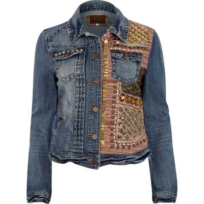 Blue half embellished stud denim jacket