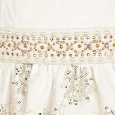 Cream jacquard and lace prom dress