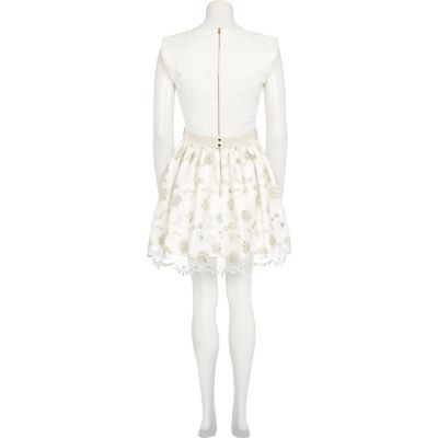 Cream jacquard and lace prom dress