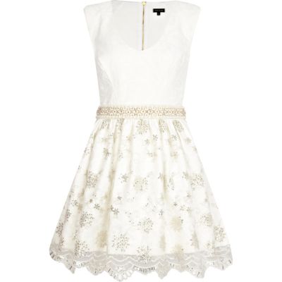 Cream jacquard and lace prom dress