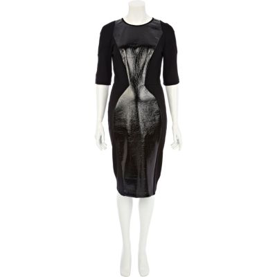 Black leather look panelled bodycon dress