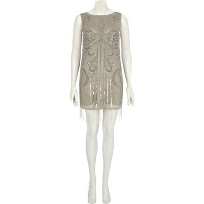 Grey embellished backless shift dress