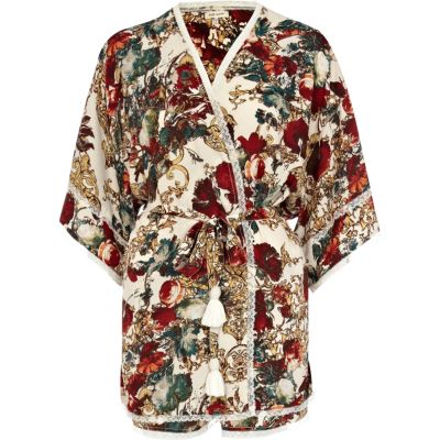 Cream floral print kimono 