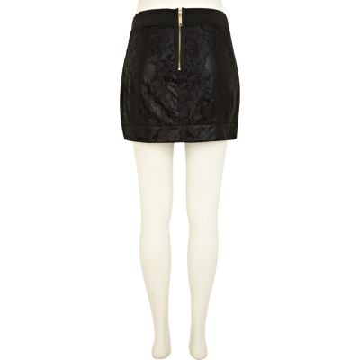 Black coated lace bow mini skirt