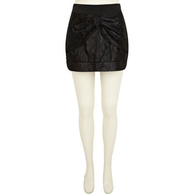 Black coated lace bow mini skirt