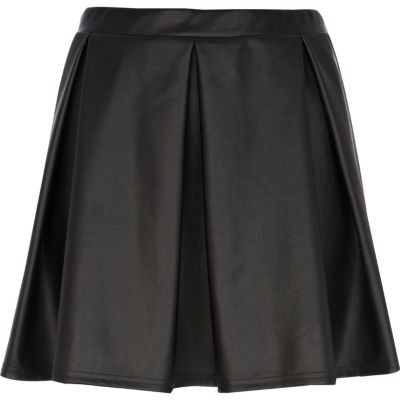 Black pleat coated skater skirt
