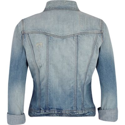 Blue rolled sleeve distressed denim jacket