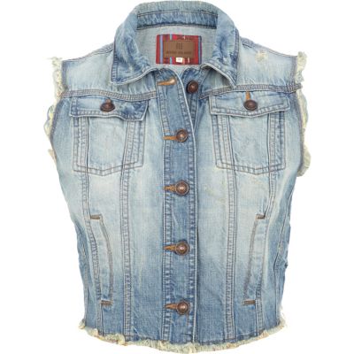 Blue frayed crop denim gilet