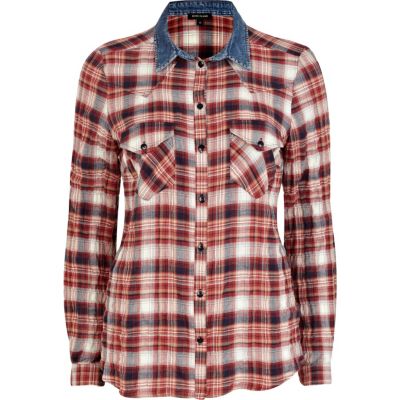 Red check denim collar western shirt 