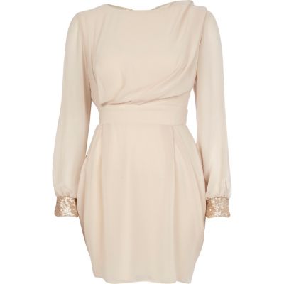 Cream split sleeve ruched dress