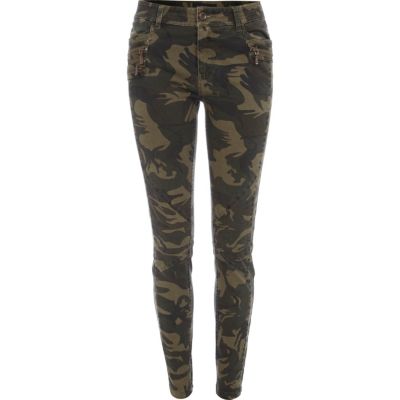 Khaki camo print skinny trousers