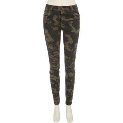 Khaki camo print skinny trousers