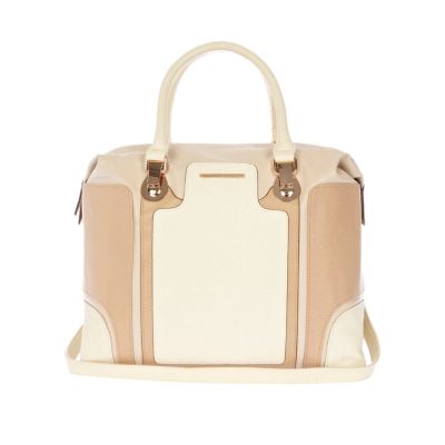 Beige colour block bowler bag