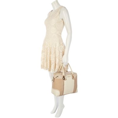 Beige colour block bowler bag