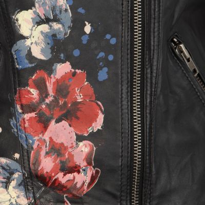 Black leather floral print biker jacket