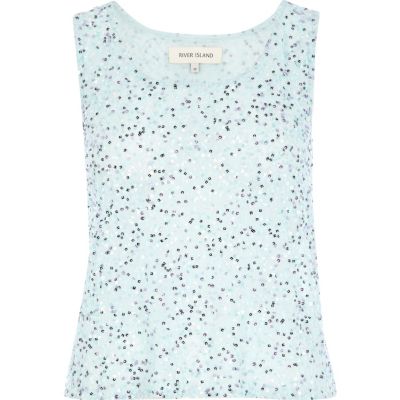 Blue sequin embroidered mesh vest 