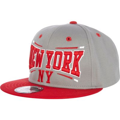 Grey and red italic NY print trucker hat