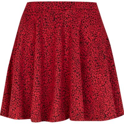 Red leopard print mini skater skirt