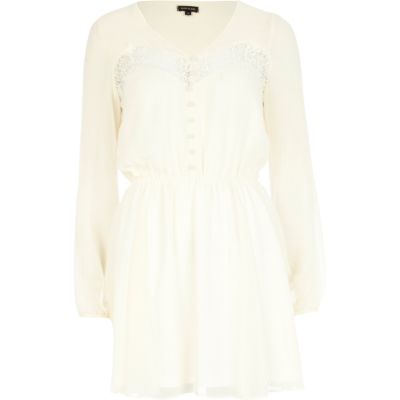 Cream lace insert button down dress