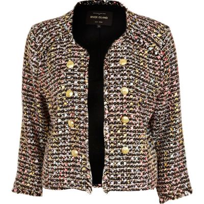 Black boucle military cropped blazer