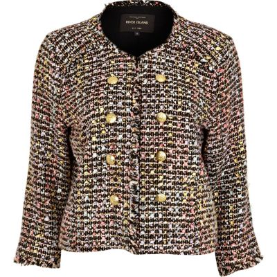 Black boucle military cropped blazer