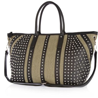 Khaki canvas stud panel holdall bag