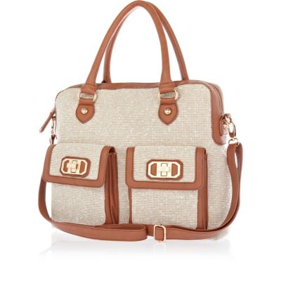 Beige tweed contrast trim tote bag 