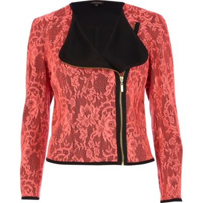 Pink lace collarless biker jacket