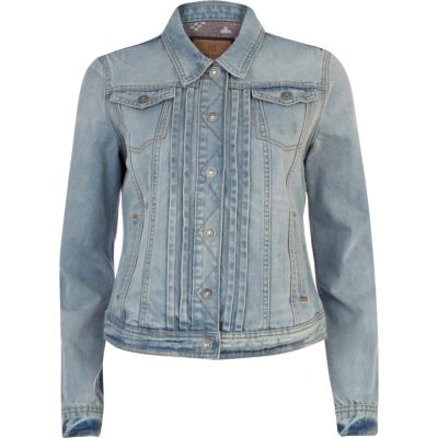 Light wash pleated front denim jacket