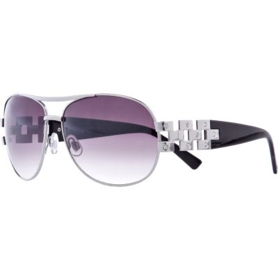 Silver tone purple lens aviator sunglasses