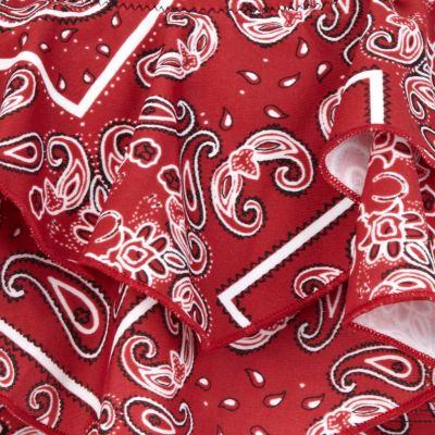 Red bandana print layered frill bikini top