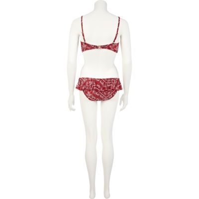 Red bandana print layered frill bikini top