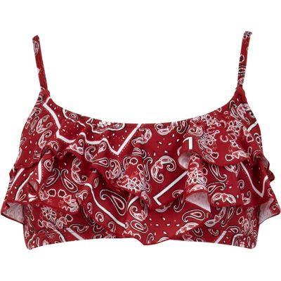 Red bandana print layered frill bikini top