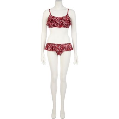 Red bandana print layered frill bikini top