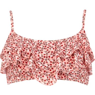 Coral ditsy print layered frill bikini top
