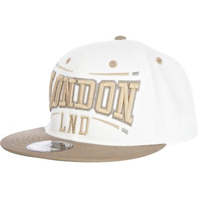 White and beige London print trucker hat