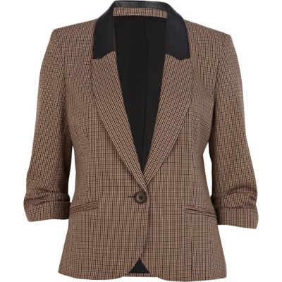 Brown check contrast collar blazer