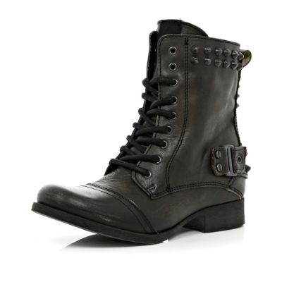 Black studded lace up biker boots