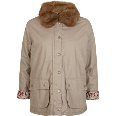 Beige faux fur collar waxed jacket