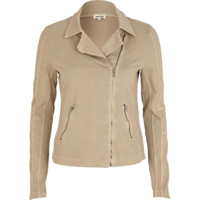Beige light washed biker jacket