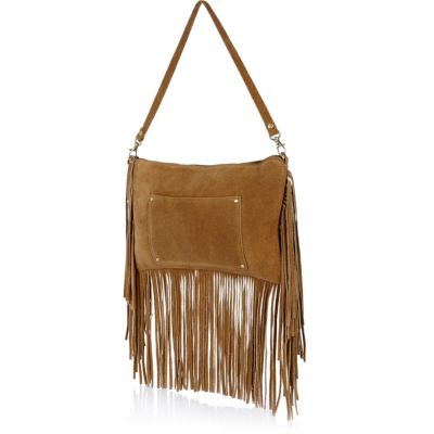 Tan suede fringed cross body bag