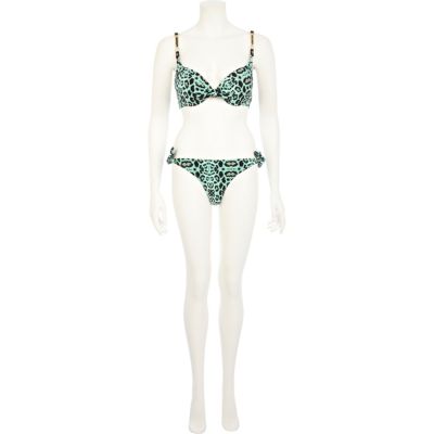 Green leopard print tie side bikini bottoms