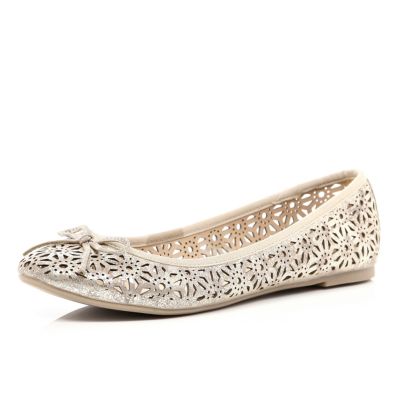Gold metallic laser cut out ballet pumps