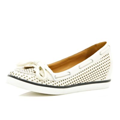 White perforated hidden wedge boat shoes